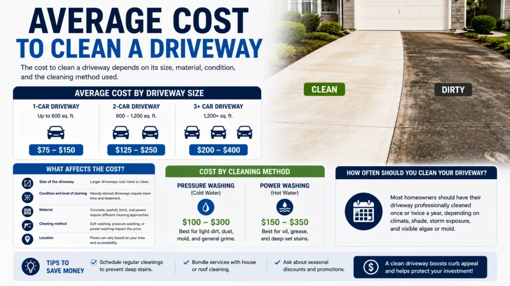 Infographic showing the average cost to clean a driveway by size and method, with a before-and-after clean vs. dirty driveway comparison.