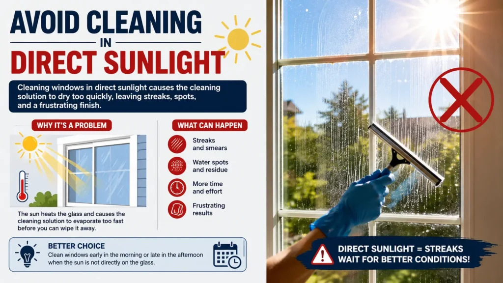 Infographic explaining why to avoid cleaning windows in direct sunlight, showing a gloved hand squeegeeing a streaky sunlit window, with sections on why it's a problem, what can happen, and a better choice of cleaning early morning or late afternoon.