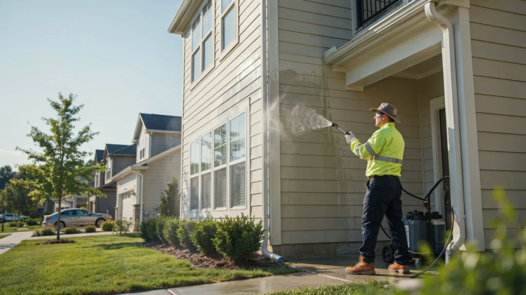 Worker spraying the corner of a house with soft wash solution, showing a visible line between dirty and clean siding