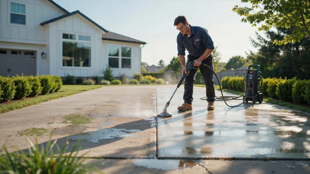 Technician using a surface cleaner attachment to pressure wash a concrete driveway in front of a white house