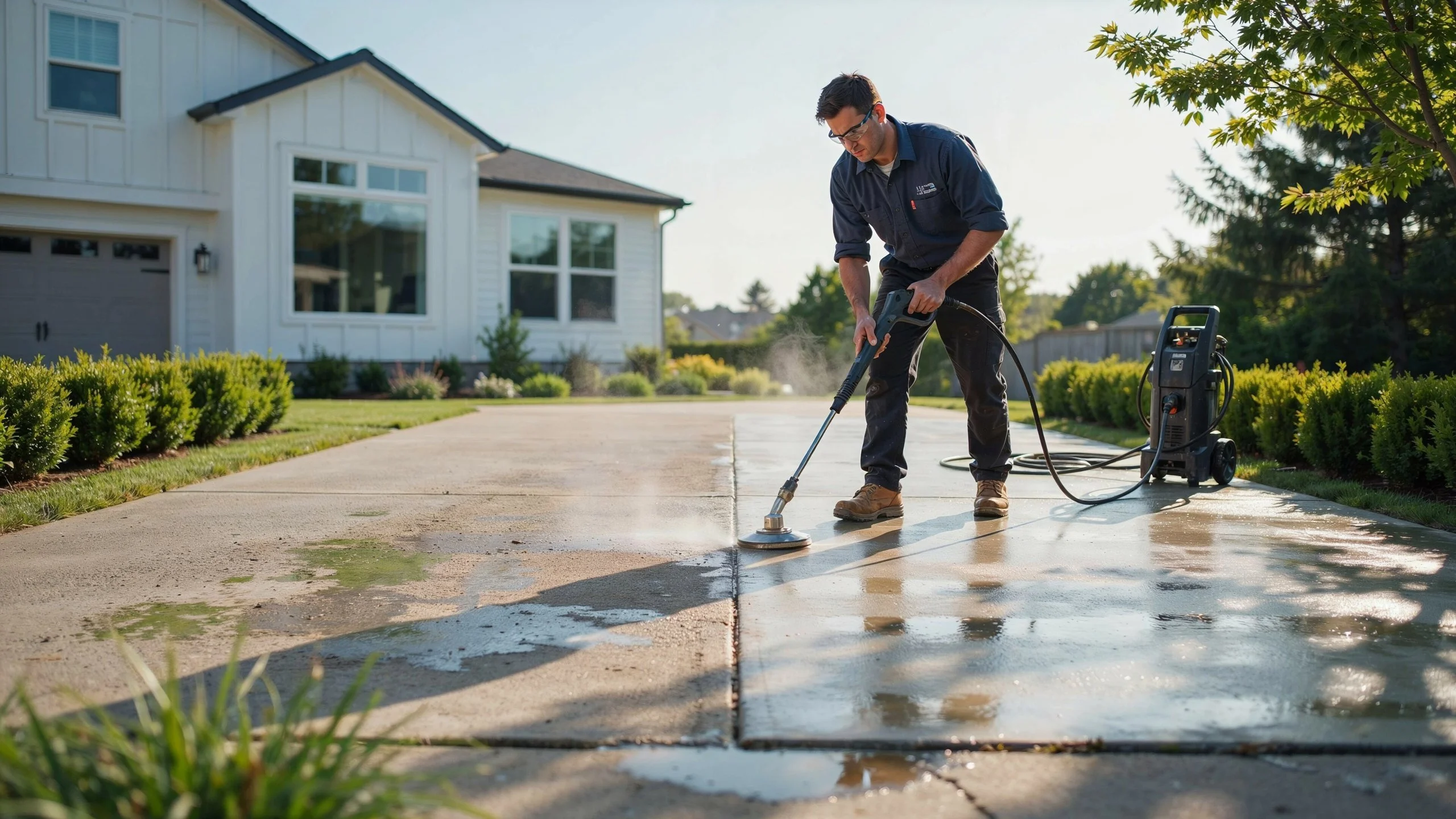 Technician using a surface cleaner attachment to pressure wash a concrete driveway in front of a white house