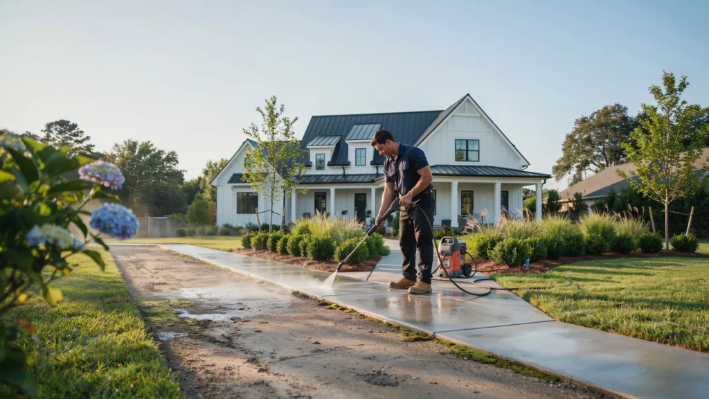 Worker pressure washing a concrete walkway leading up to a white farmhouse-style home with landscaped garden beds