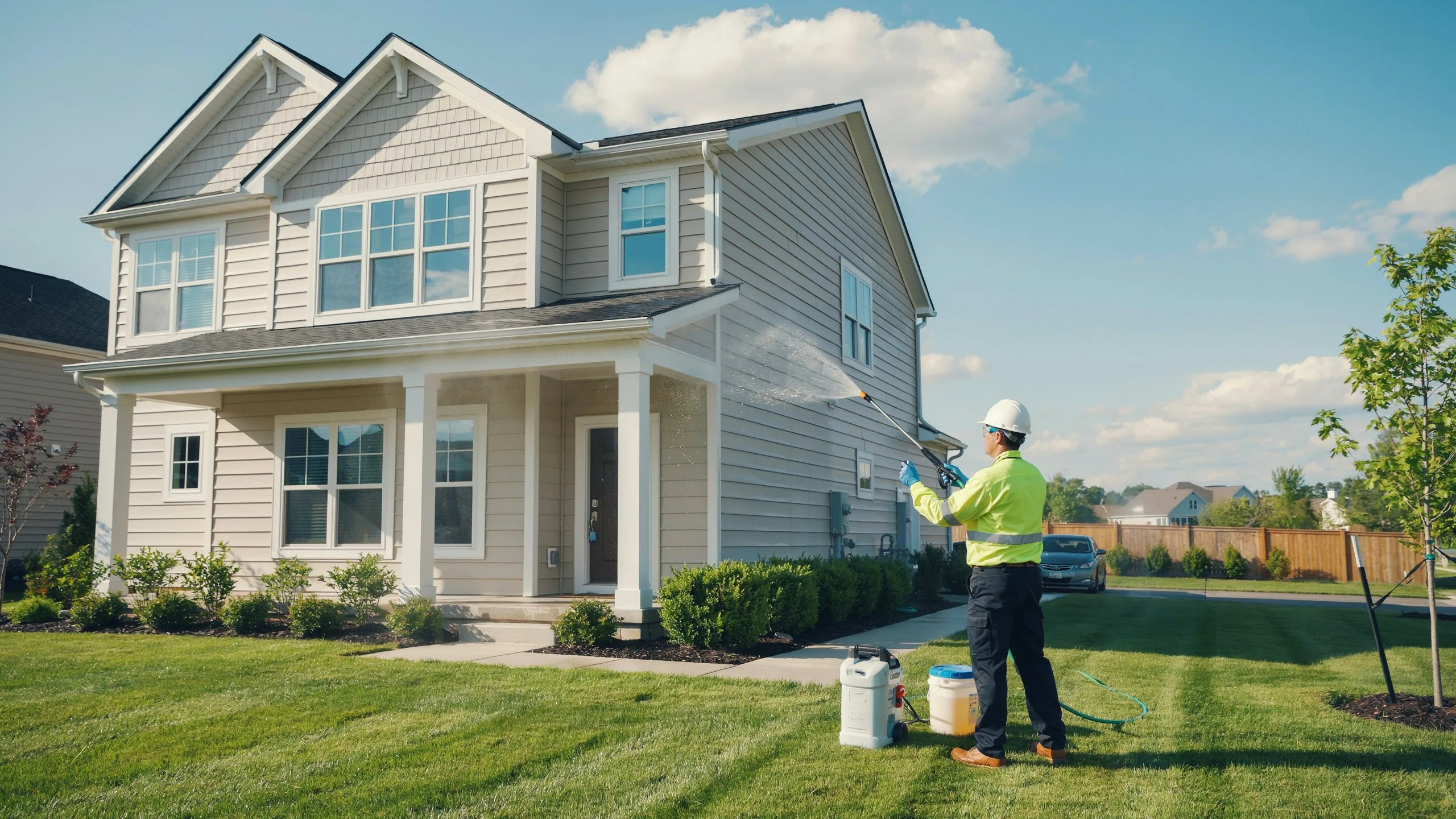 Technician in safety gear soft washing beige vinyl siding on a two-story house with a pressure washer wand