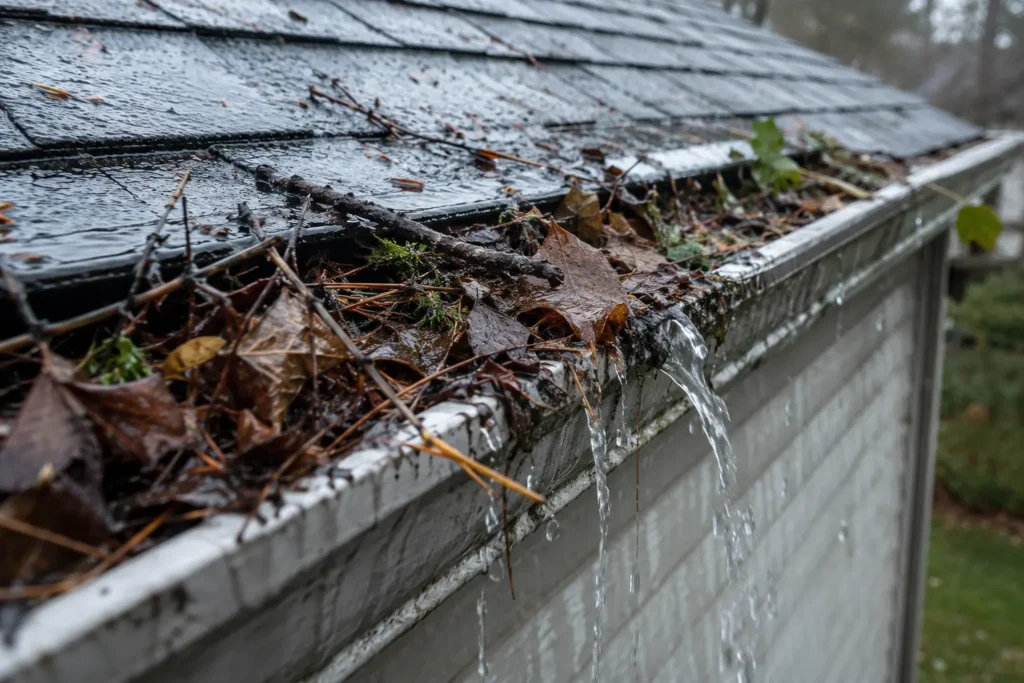 Clogged gutter overflowing with wet leaves and debris during rainfall