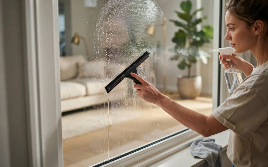 Close-up of a person using a squeegee and spray bottle to clean an indoor window.