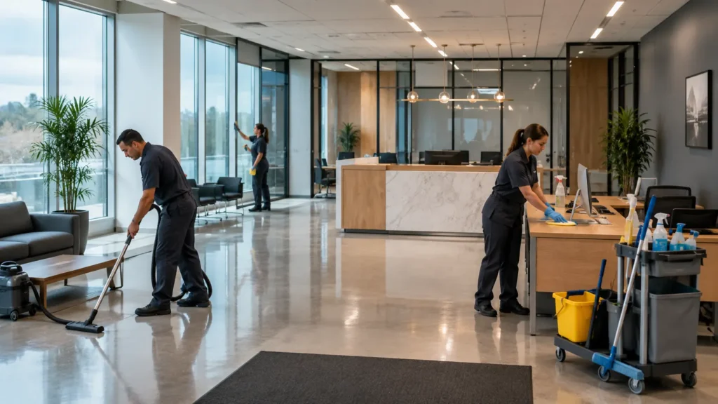Professional commercial cleaning team vacuuming floors, wiping windows, and sanitizing desks in a modern office lobby