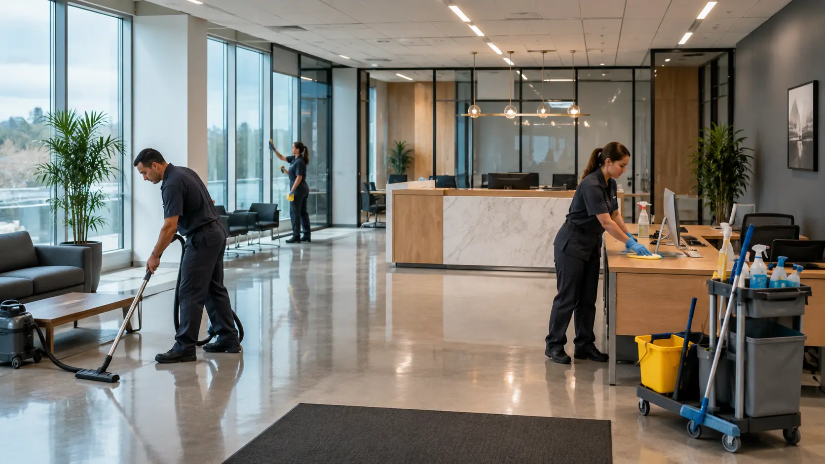 Professional commercial cleaning team vacuuming floors, wiping windows, and sanitizing desks in a modern office lobby