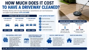 Infographic showing driveway cleaning costs by size, factors affecting price, and a comparison of pressure washing vs. power washing rates.