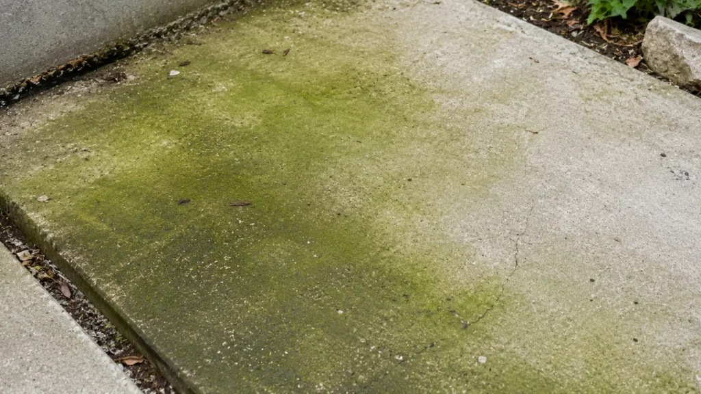 Concrete sidewalk slab with a large patch of green algae staining, next to a curb and garden bed