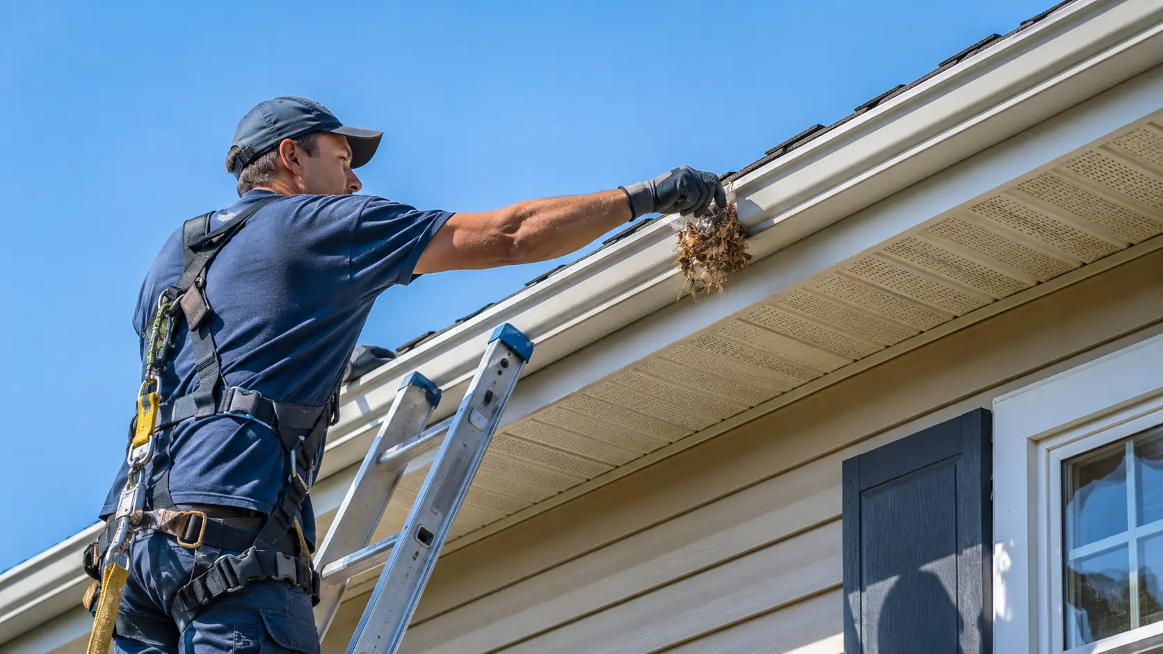 Professional gutter cleaner on ladder removing debris and nesting material from roof gutter