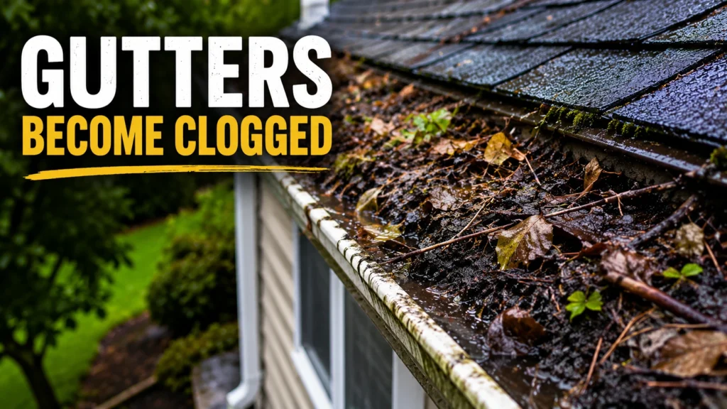 Clogged rain gutter filled with wet leaves, twigs, and debris preventing proper water drainage.