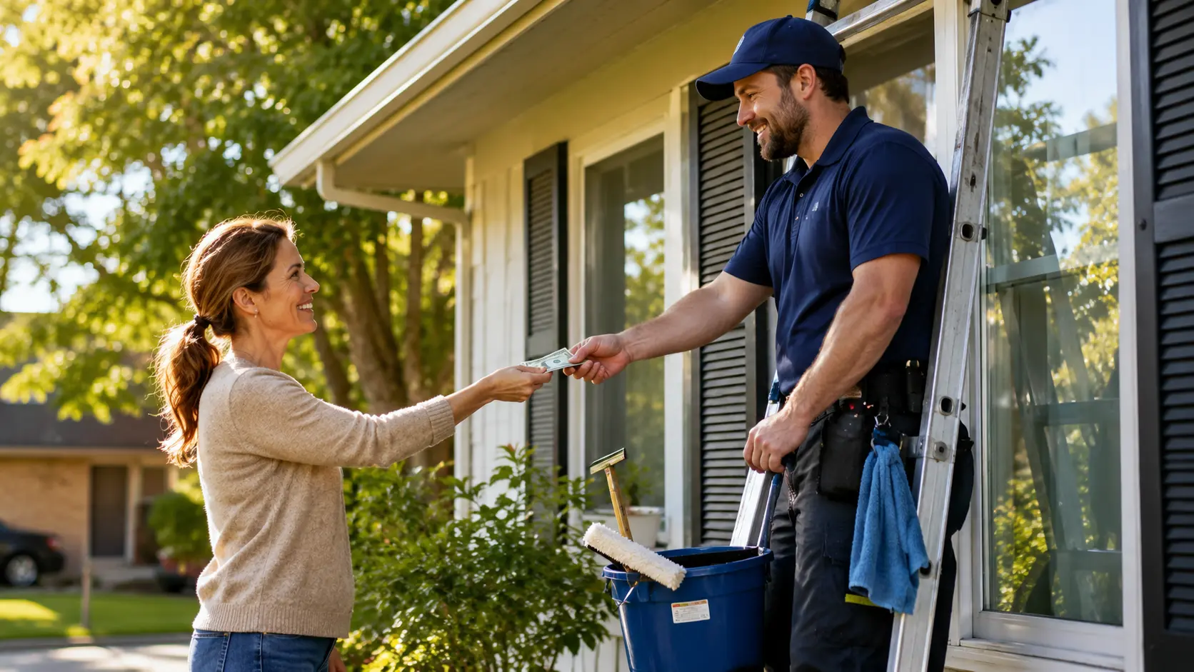 Smiling homeowner paying a professional window cleaning technician on a ladder outside her home