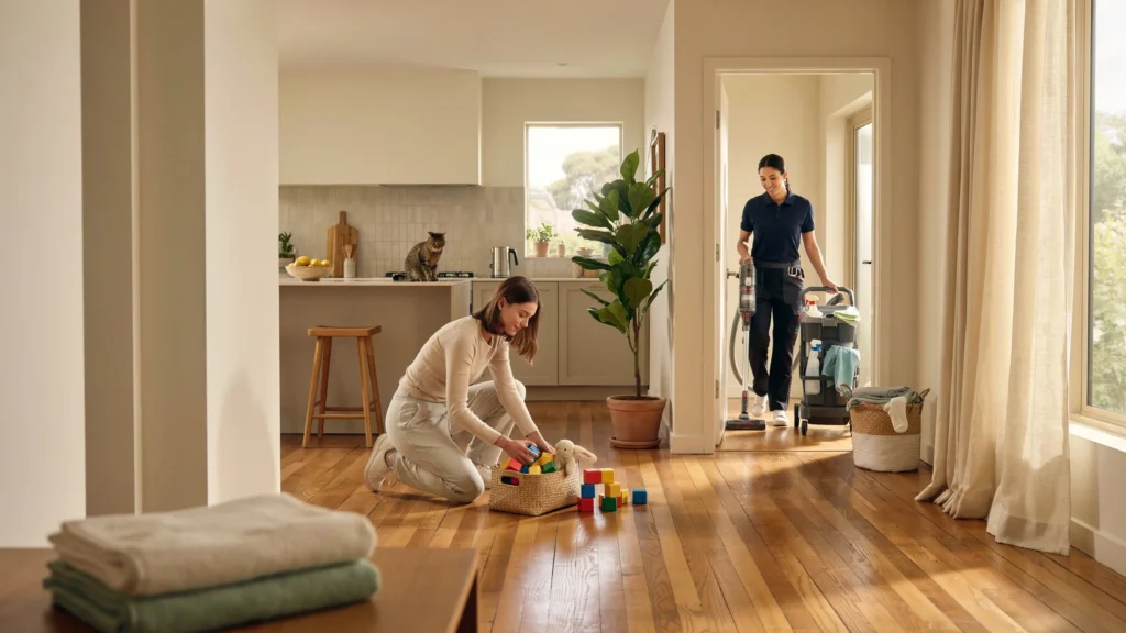 House cleaner vacuuming a hallway while a homeowner picks up toys from the floor