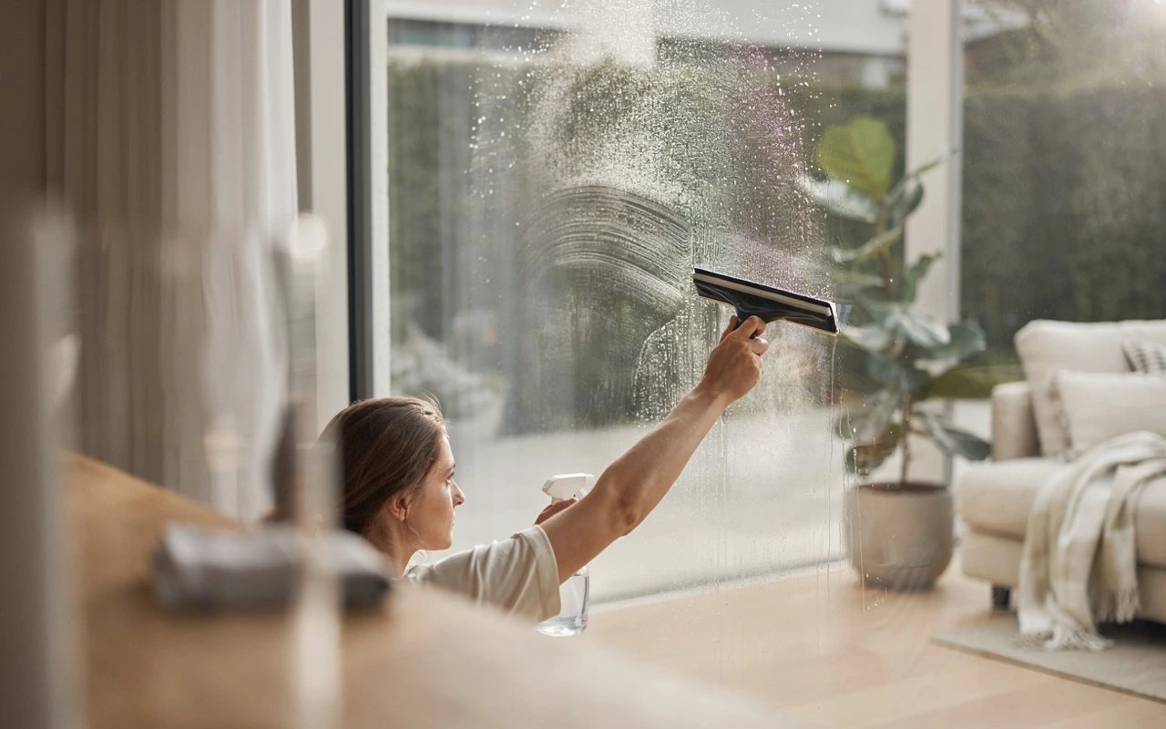 Professional cleaning a large glass window with a squeegee for a streak-free finish.