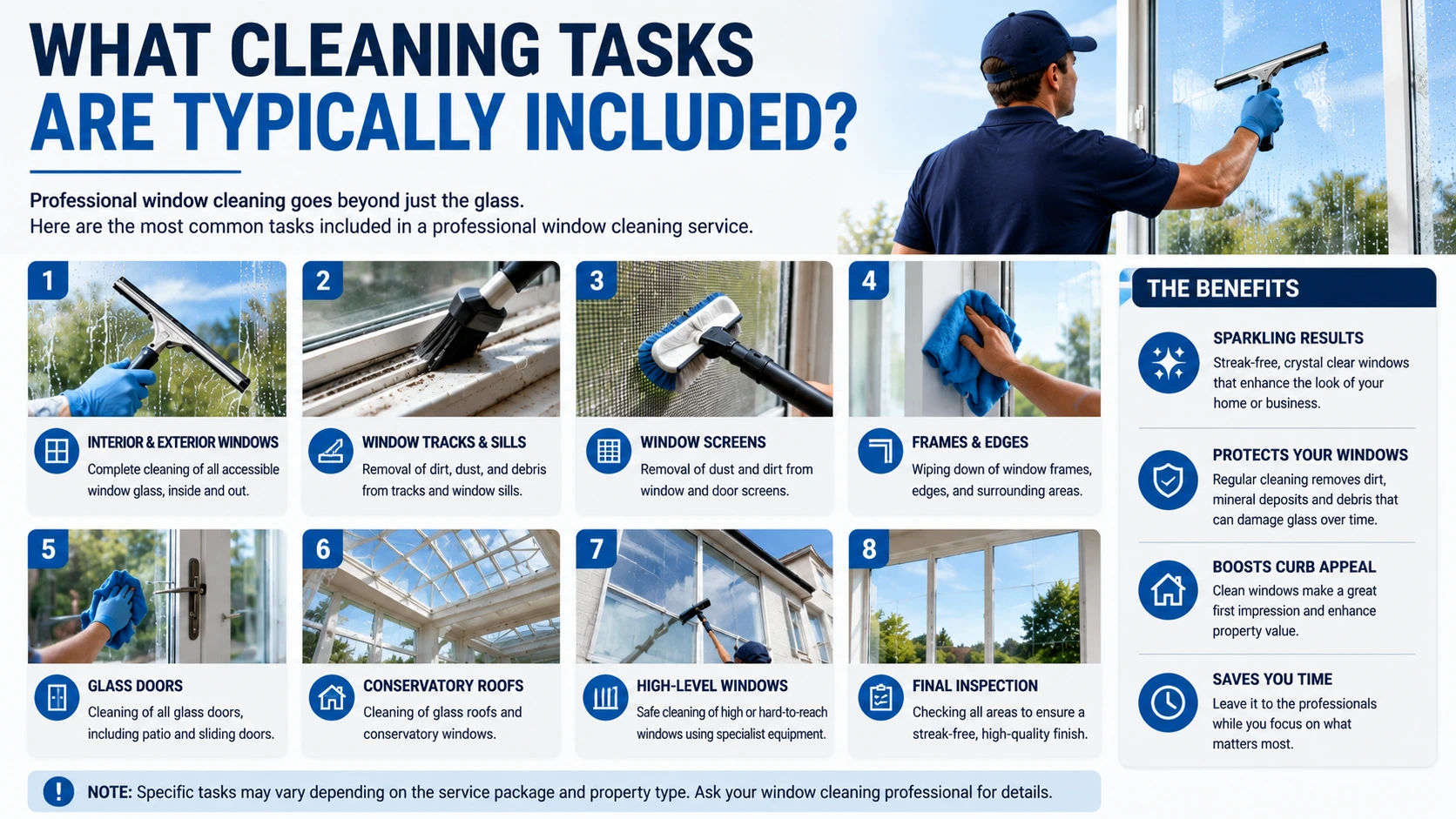 Infographic titled "What Cleaning Tasks Are Typically Included?" showing 8 professional window cleaning services and 4 key benefits.