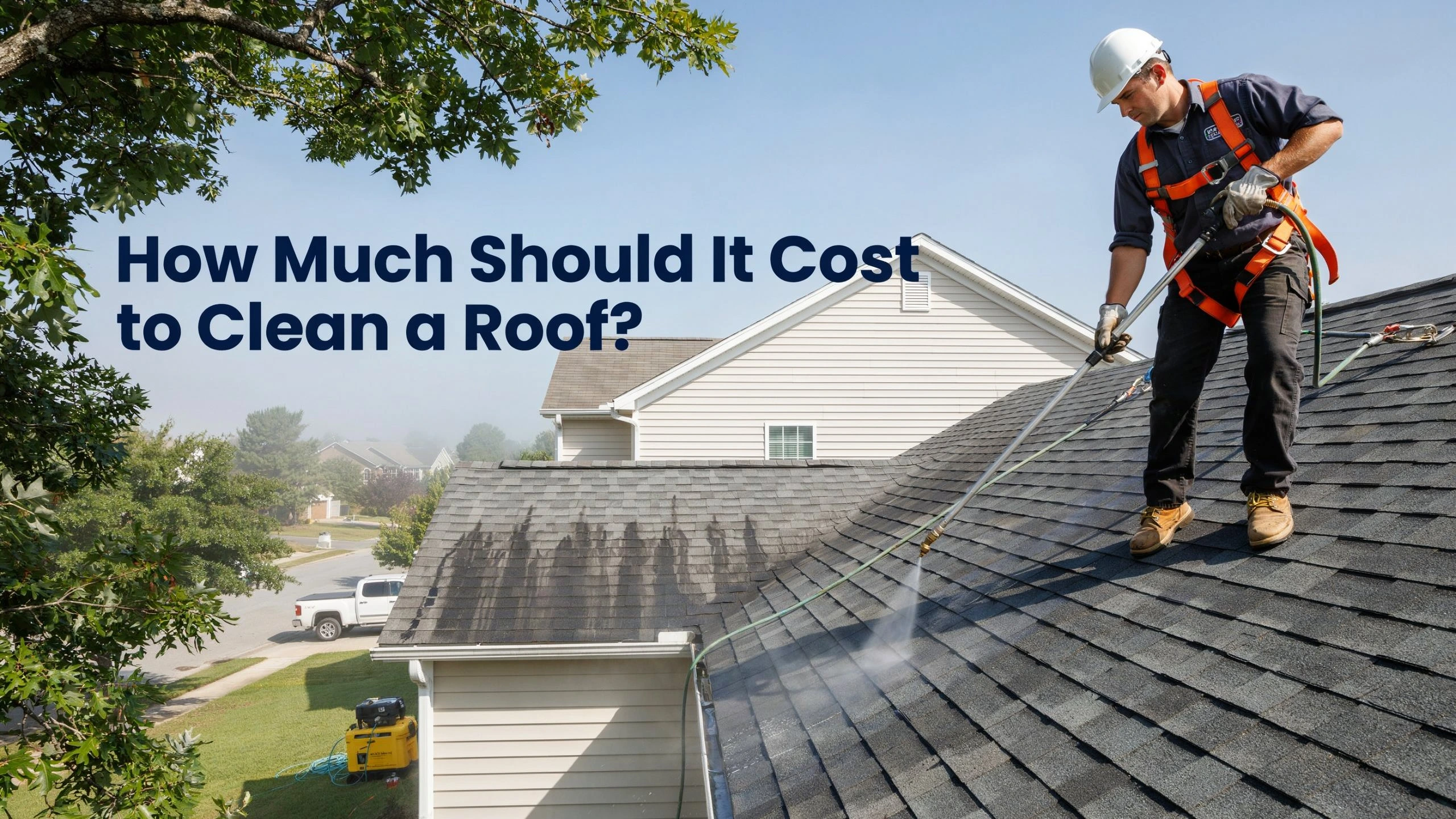 Technician in harness spraying a shingle roof while cleaning, with 'How Much Should It Cost to Clean a Roof?' text overlay