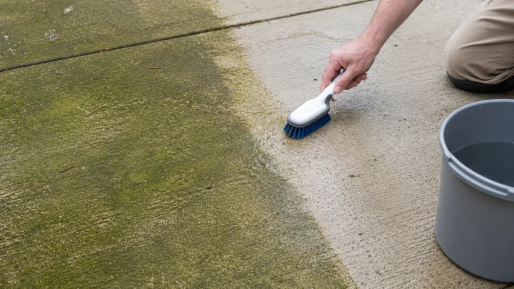 Hand scrubbing a green algae-covered concrete slab with a brush, revealing clean concrete underneath, bucket nearby