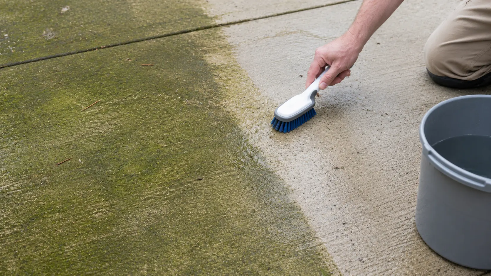 Hand scrubbing a green algae-covered concrete slab with a brush, revealing clean concrete underneath, bucket nearby