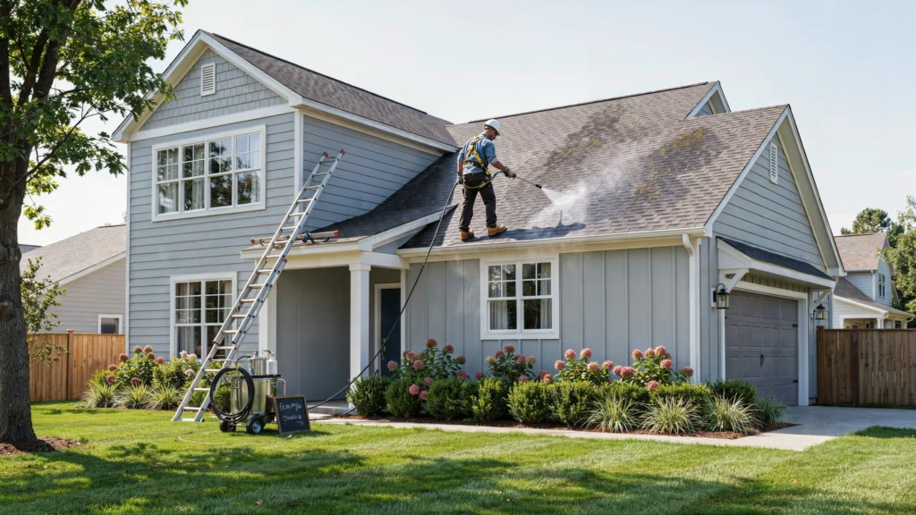 Technician soft washing a roof with visible before-and-after contrast between algae-streaked and cleaned shingles