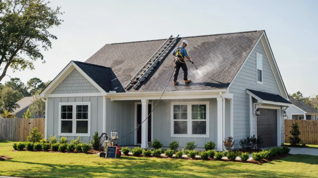 Technician soft washing a gray shingle roof from a ladder, with visible low-pressure spray pattern