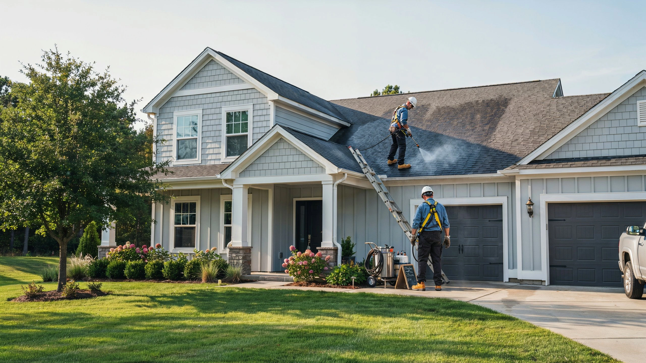 Two soft washing technicians treating a suburban roof, one on the roof applying solution and one managing equipment on the ground