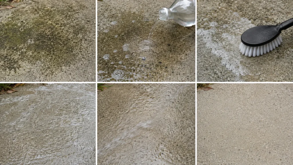 Six-panel photo sequence showing concrete cleaning steps: algae buildup, vinegar application, scrubbing, rinsing, and clean finished surface