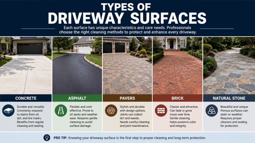 Five driveway surface types compared side by side: concrete, asphalt, pavers, brick, and natural stone, each with cleaning care notes