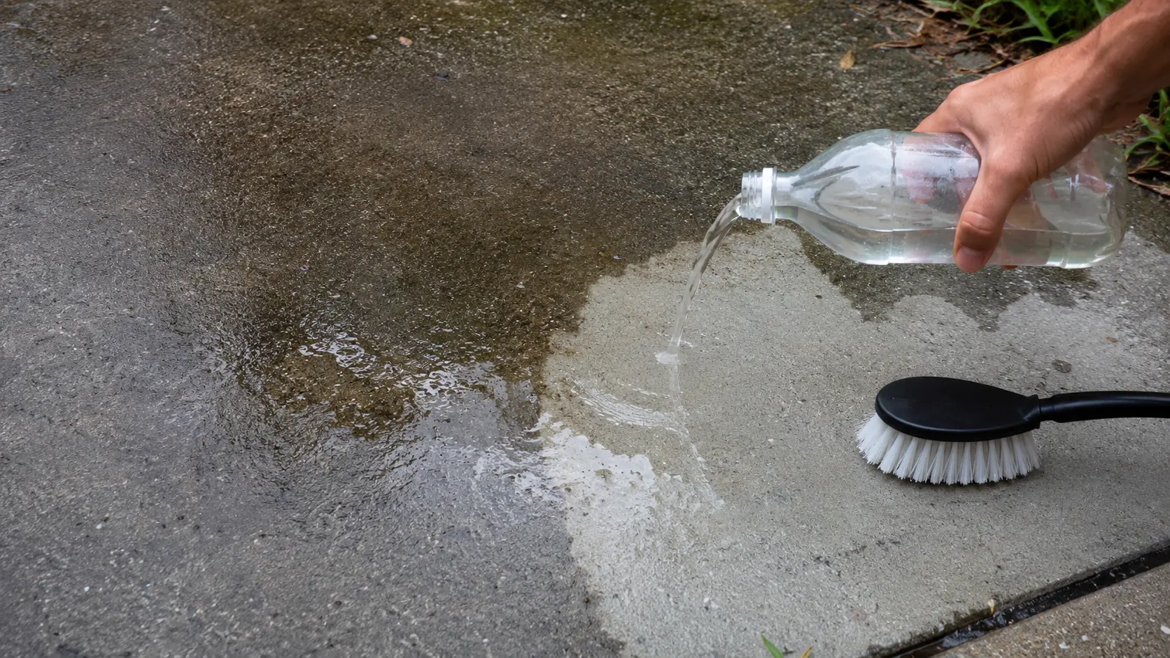 Hand pouring vinegar from a bottle onto a green, algae-stained concrete surface next to a scrub brush