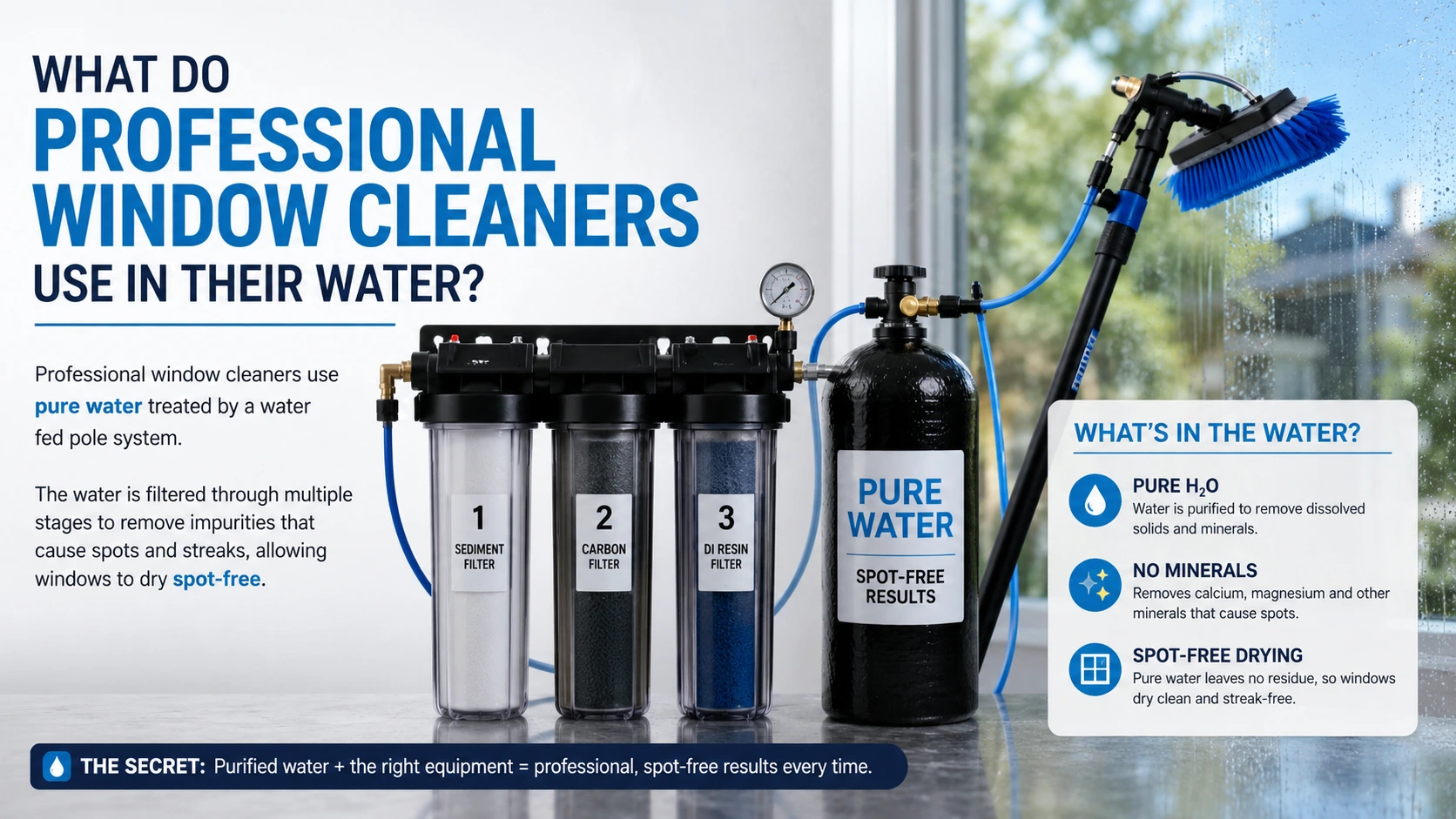 Infographic showing a 3-stage water fed pole purification system with sediment, carbon, and DI resin filters used by professional window cleaners for spot-free results