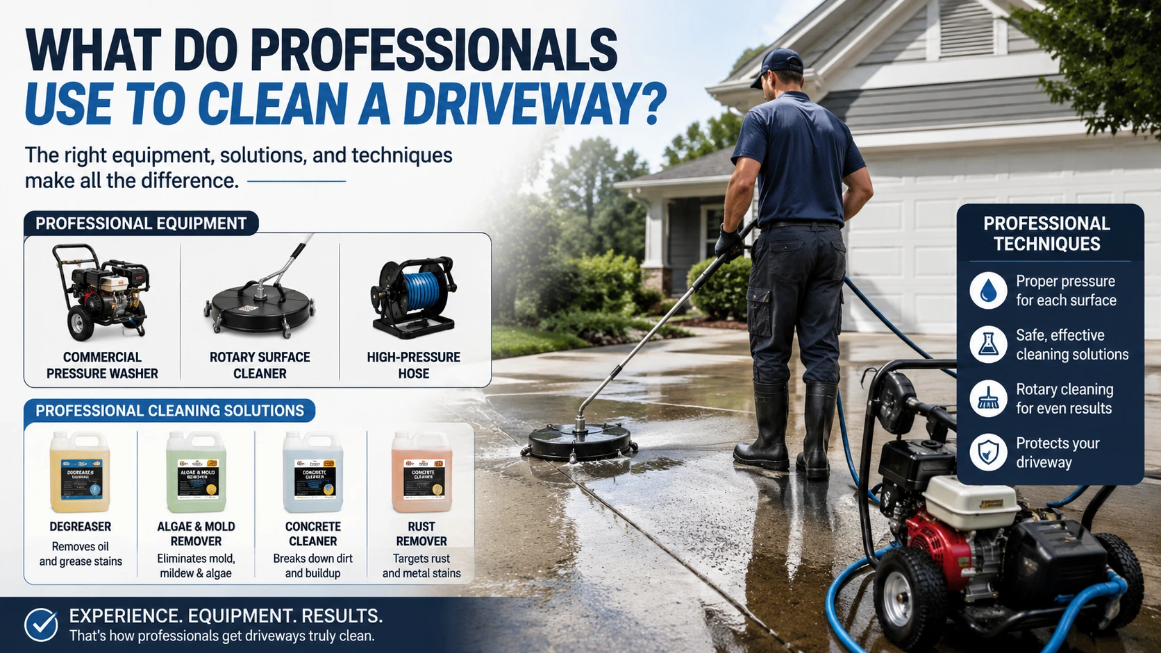 Professional using a rotary surface cleaner and commercial pressure washer to clean a concrete driveway, showing degreaser, algae remover, concrete cleaner, and rust remover