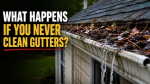 Overflowing gutter filled with leaves and debris showing the damage that happens when gutters are never cleaned.