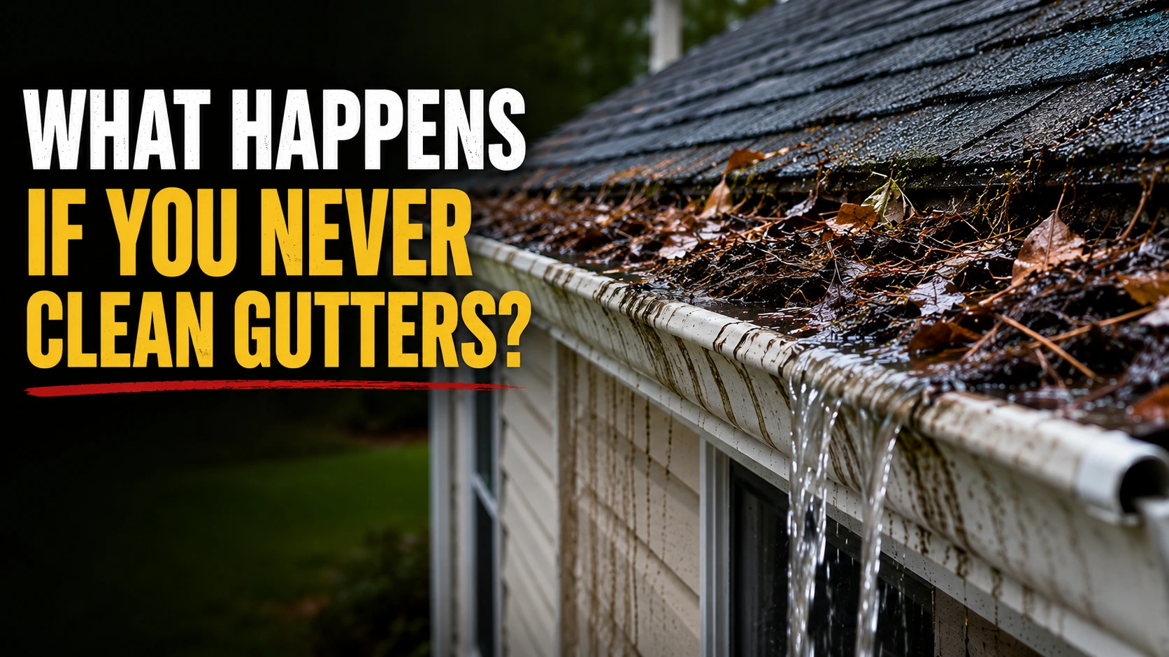 Overflowing gutter filled with leaves and debris showing the damage that happens when gutters are never cleaned.