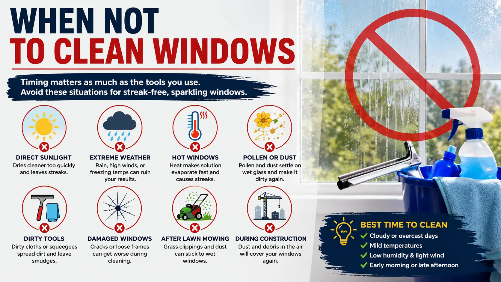 Infographic titled "When Not to Clean Windows" showing eight situations to avoid—direct sunlight, extreme weather, hot windows, pollen or dust, dirty tools, damaged windows, after lawn mowing, and during construction—plus a best-time-to-clean checklist for streak-free windows.