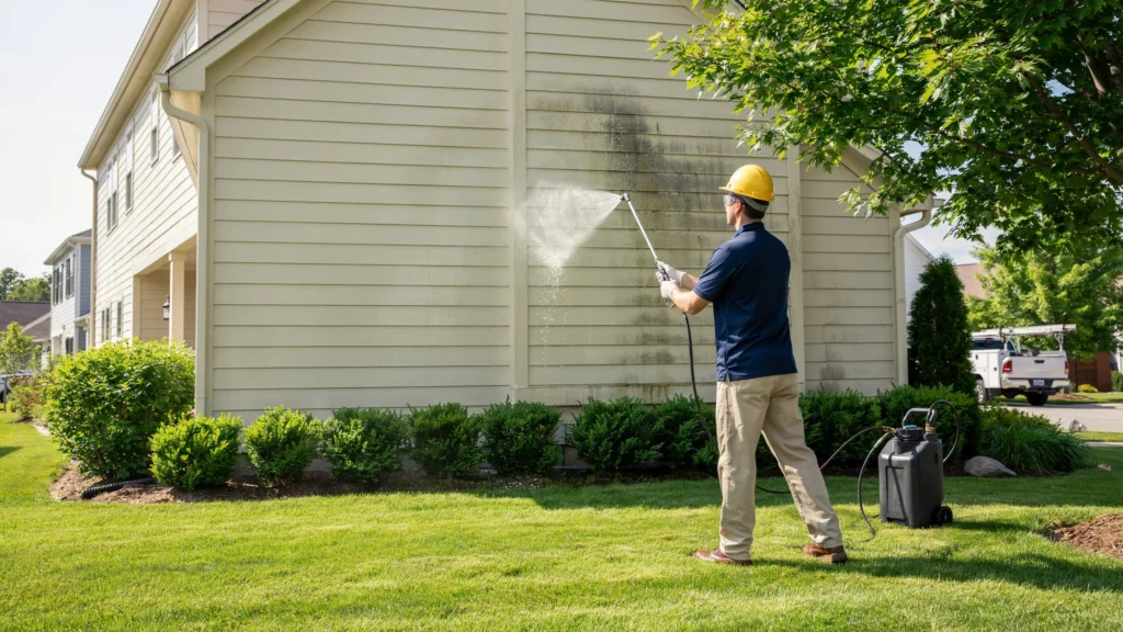 Worker in a hard hat soft washing algae buildup on a two story home's siding