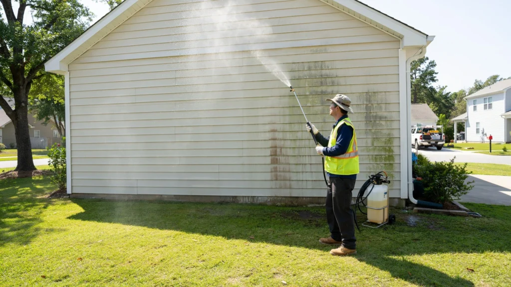 Technician in a safety vest soft washing mold and algae stains off tan vinyl siding