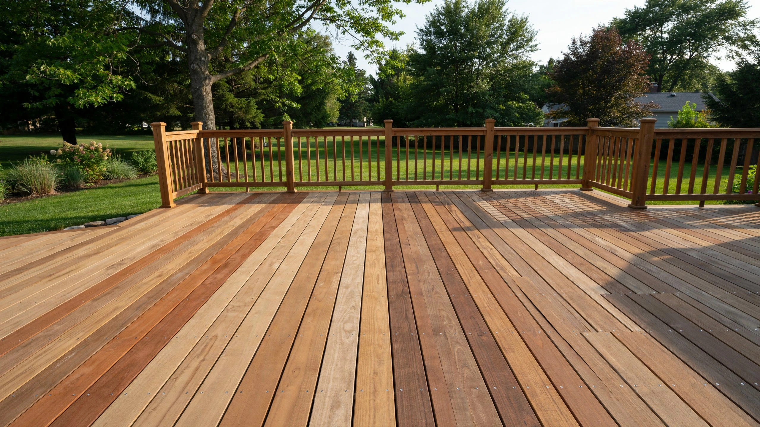Wood deck with turned wood balusters and railing showing a visible color contrast between freshly cleaned and weathered deck boards