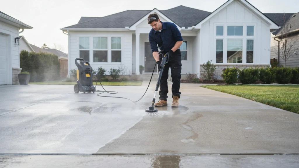 Bay SoftWash technician using a turbo nozzle to pressure wash a driveway in North Bay, Ontario