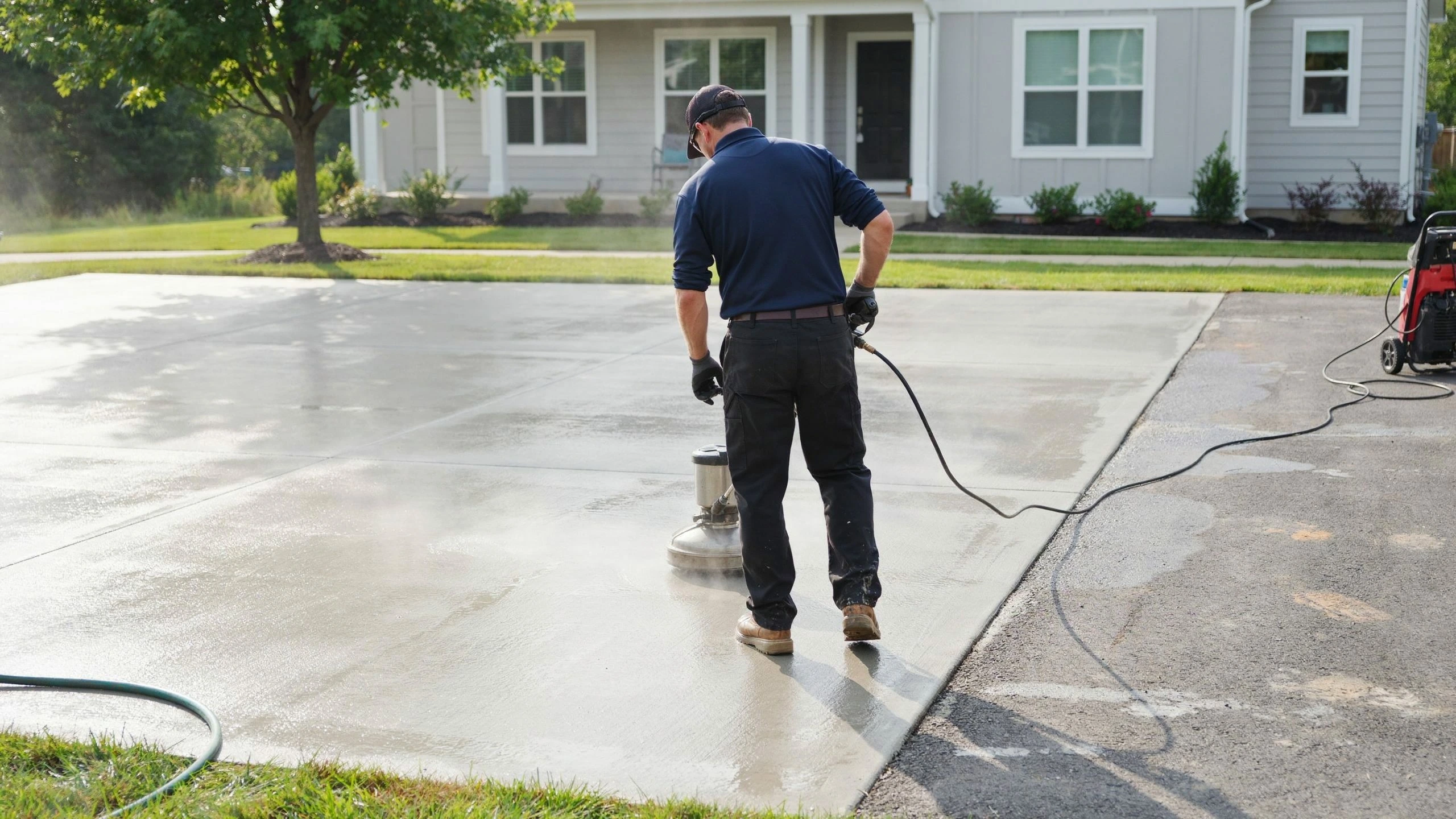 Bay SoftWash technician pressure washing a concrete driveway with a surface cleaner in North Bay, Ontario