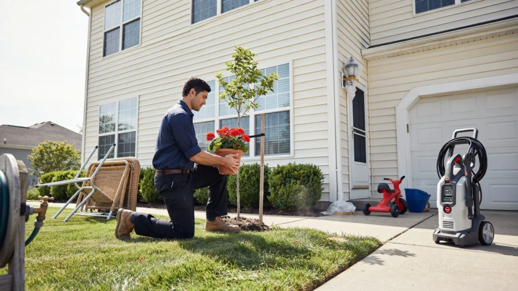 Bay SoftWash technician setting aside potted plant to protect it during house washing service