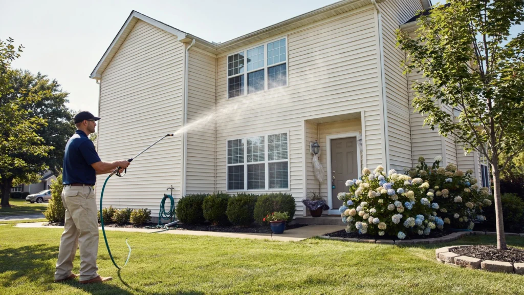 Bay SoftWash technician rinsing upper siding near hydrangeas and flower beds on North Bay home
