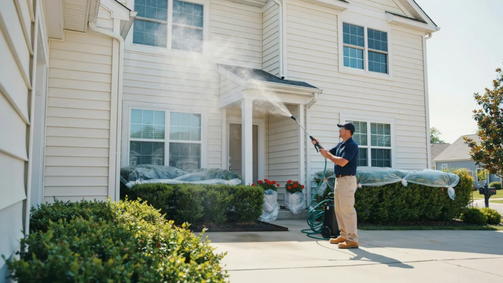 Bay SoftWash technician soft washing vinyl siding with protected plants and hose reel setup