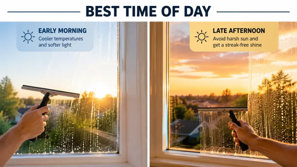 Split-screen comparison of early morning and late afternoon as the best times of day to clean windows for a streak-free finish.
