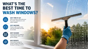 A person cleaning a window with a squeegee during early morning and late afternoon, showing the best time of day for streak-free window cleaning.