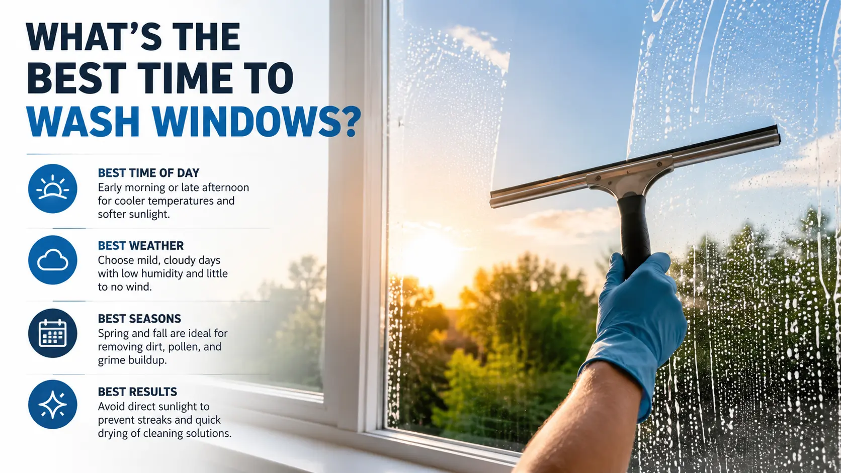 A person cleaning a window with a squeegee during early morning and late afternoon, showing the best time of day for streak-free window cleaning.
