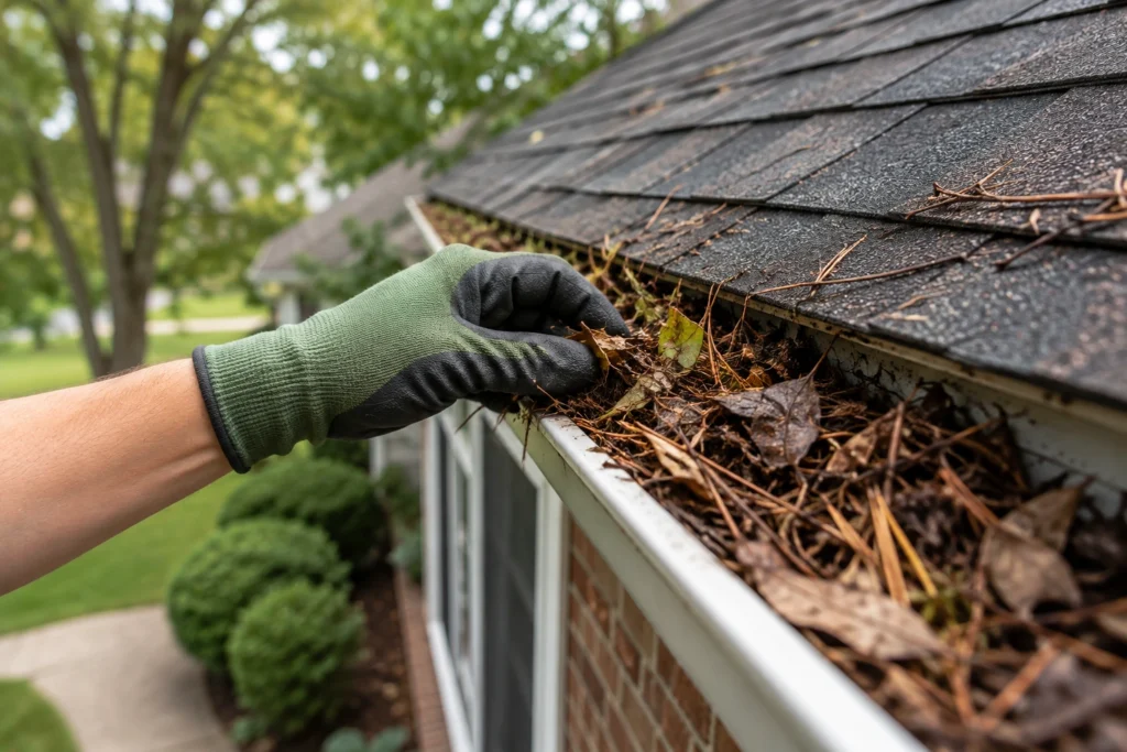 Hand removing leaves and debris from a clogged residential gutter