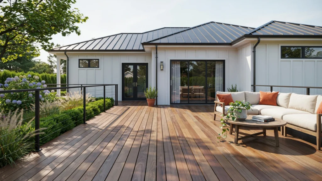 Corner angle of a white farmhouse home with black French doors, sliding glass doors, and a wraparound wood deck with cable railing