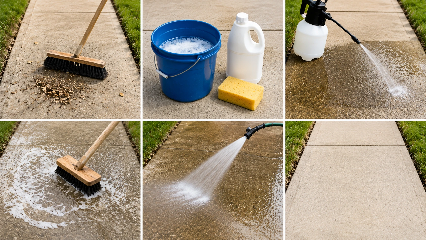 A six-panel photo collage showing the process of cleaning a concrete sidewalk by sweeping debris, preparing soapy water, spraying cleaner, scrubbing with a brush, rinsing with a hose, and revealing a clean sidewalk.