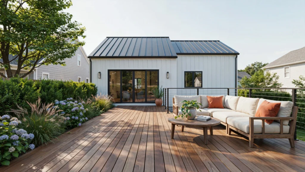 Modern farmhouse home with black standing seam metal roof, white board and batten siding, and a wood deck with cream outdoor sectional sofa