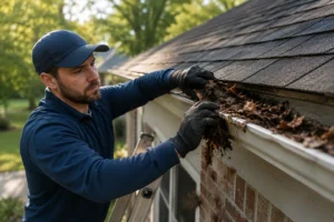 Professional cleaning leaves and debris from a residential home gutter