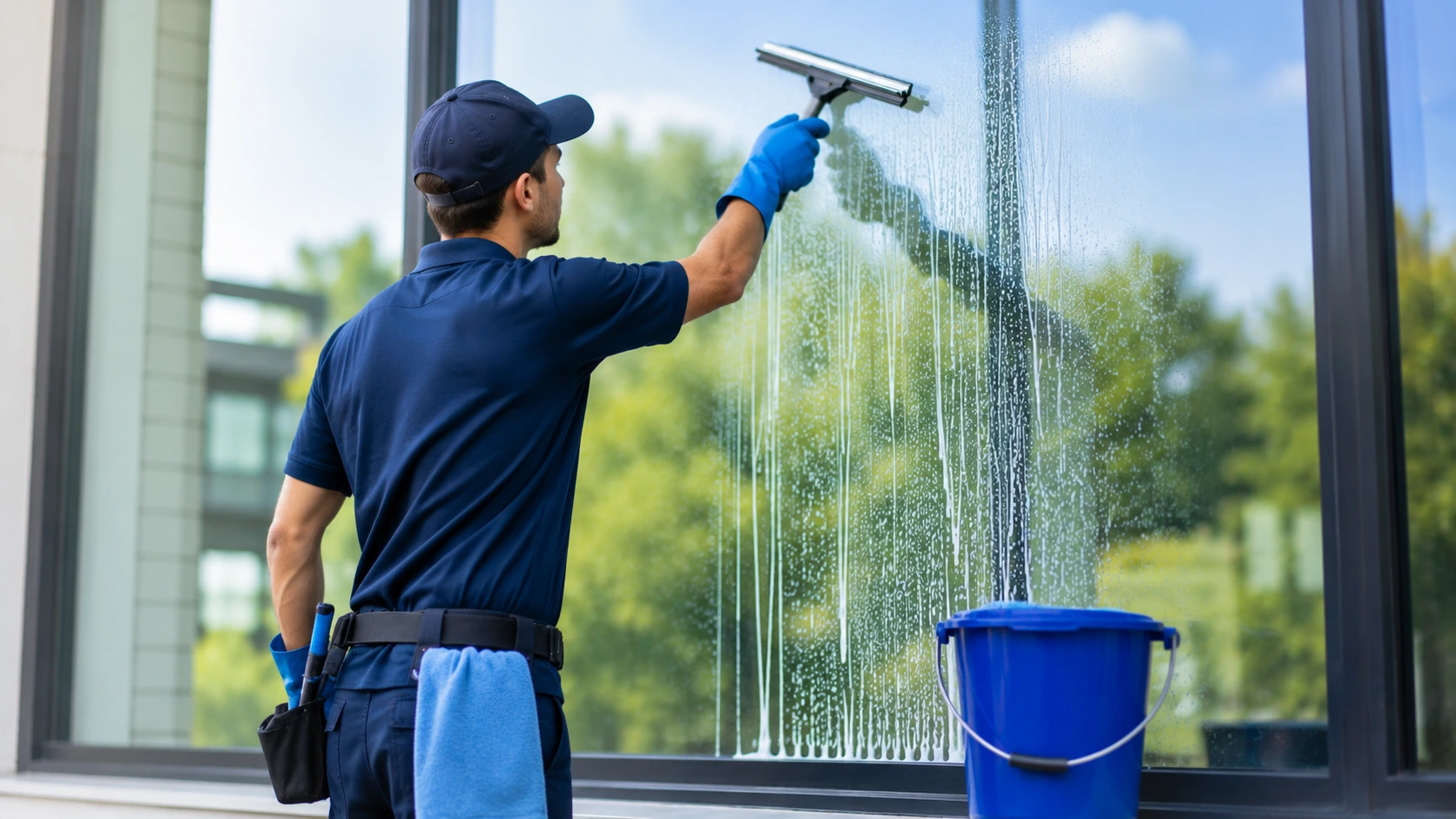 Professional window cleaner using a squeegee to clean a large glass window